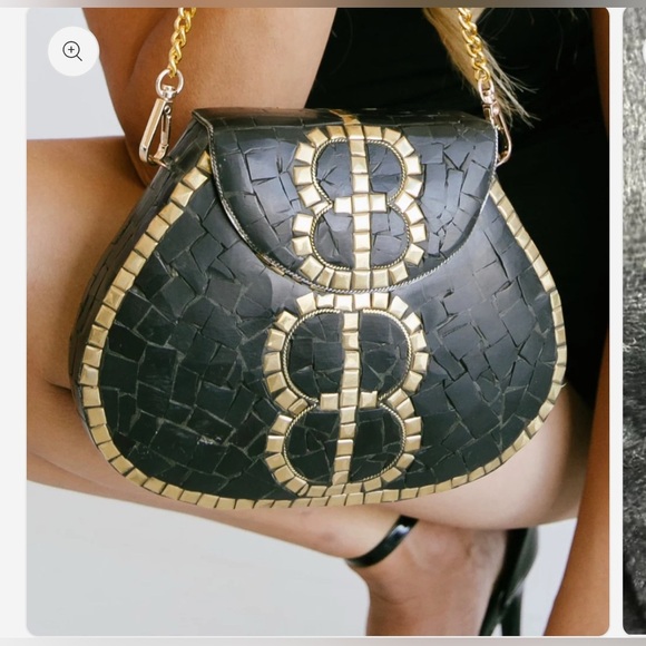 Ramla Designer Black & Gold Mosaic Chain Shoulder Bag - Picture 6 of 7